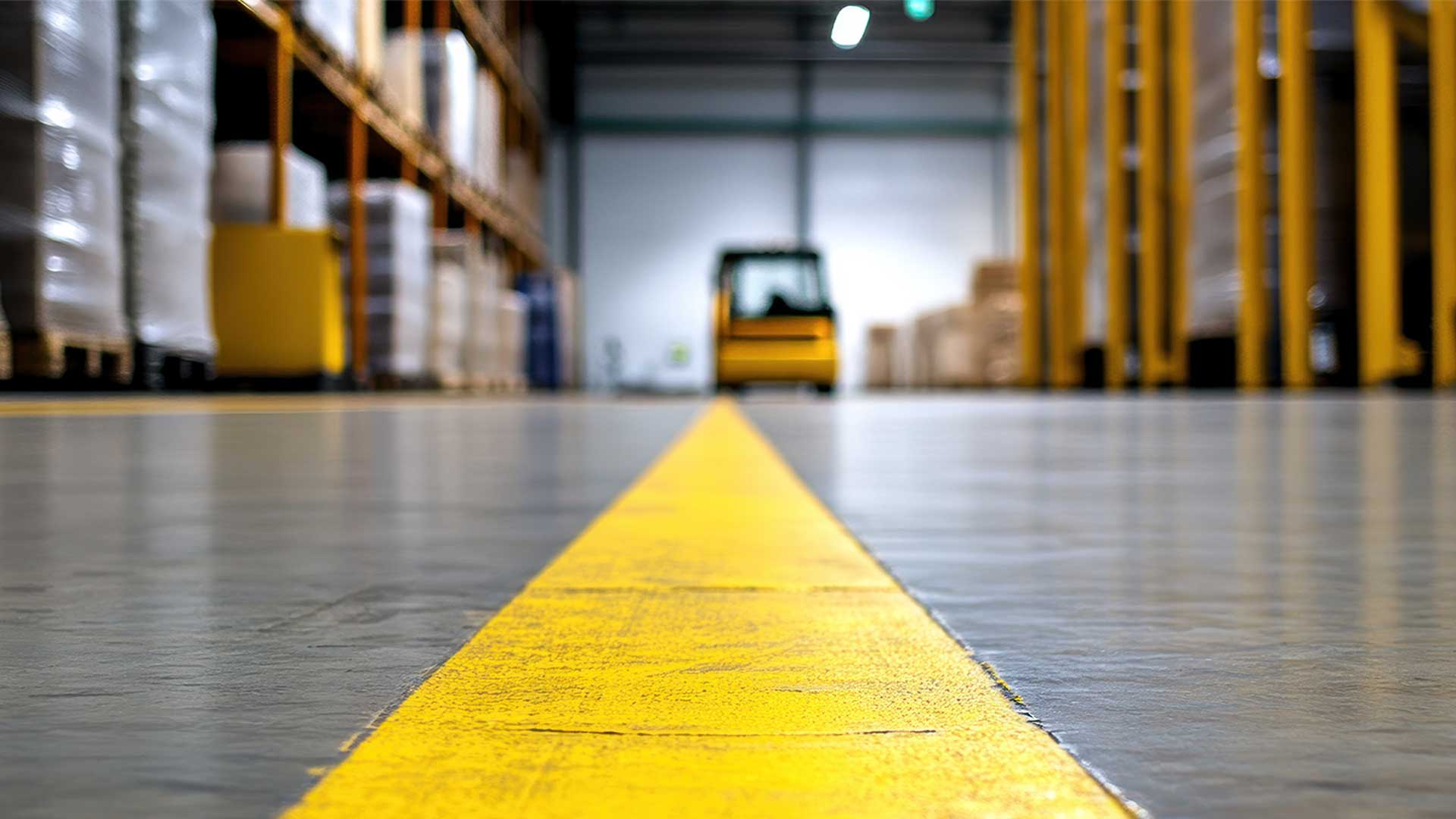Yellow line marking on a warehouse floor with shelves and a forklift in the background.