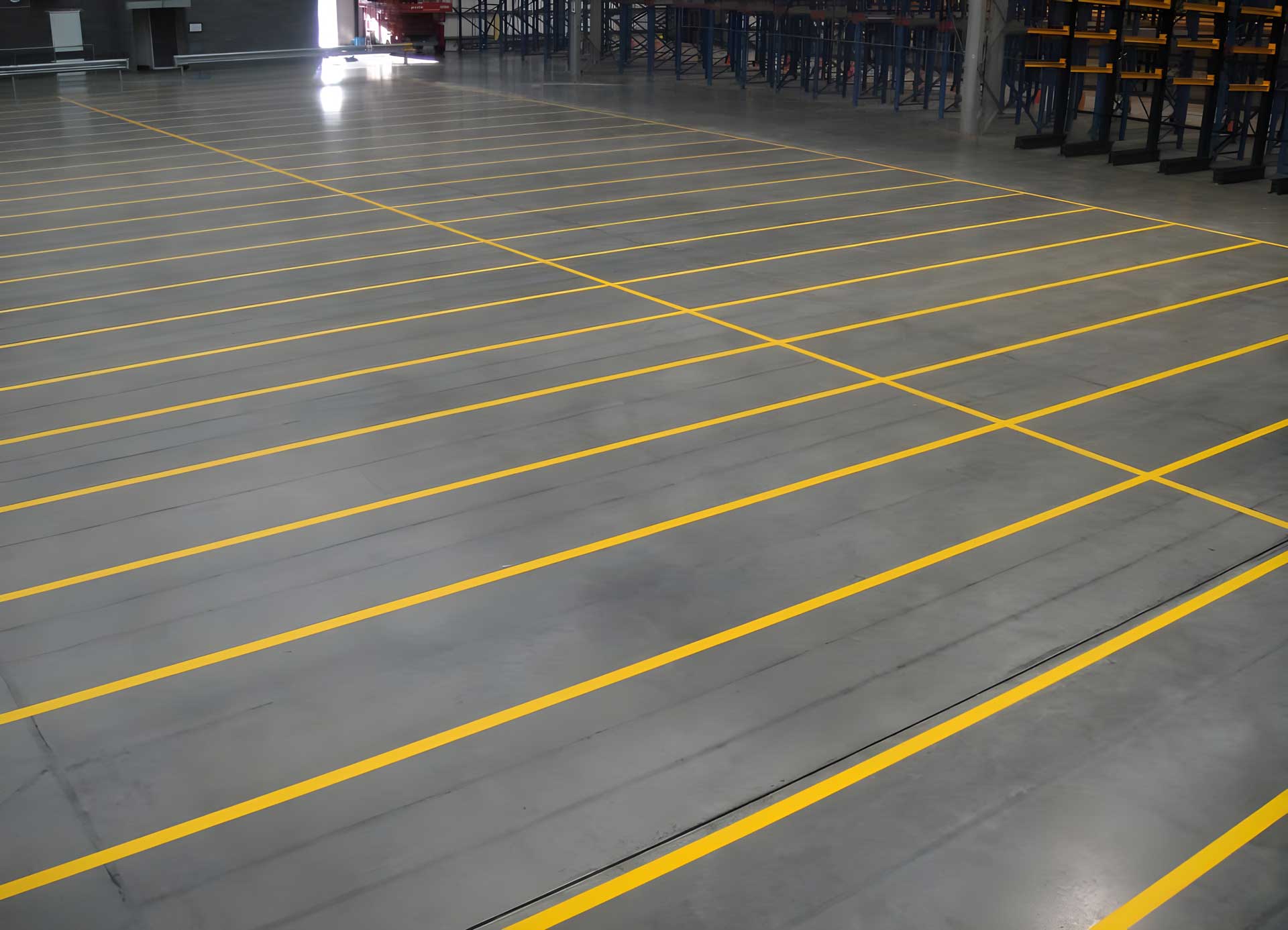 Empty industrial warehouse floor with newly painted yellow line markings for storage or equipment layout.